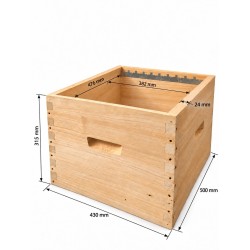Dimensions du corps Dadant 10 cadres : 500 × 430 × 315 mm à l'extérieur, 476 × 382 mm à l'intérieur, parois de 24 mm